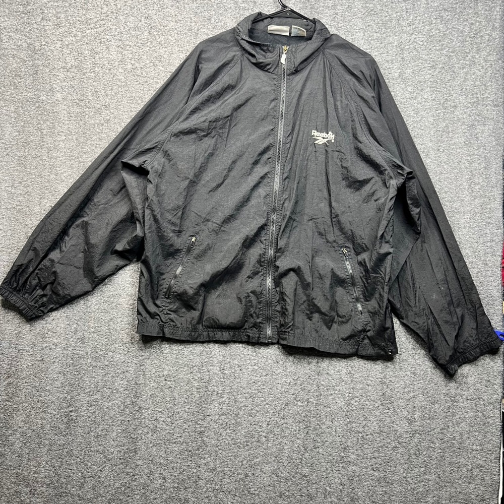 Vintage Reebok Jacket Mens Large Black Windbreaker Full Zip Hooded Vector Logo